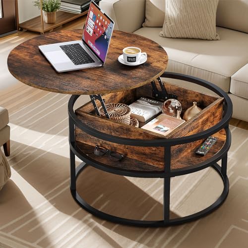DWVO Coffee Tables for Living Room, Round Coffee Table, Lift Top Coffee Table with Storage and Hidden Compartment, Rustic Coffee Table, Small Circle Coffee Table,Wood Center Table, Rustic Brown DWVO