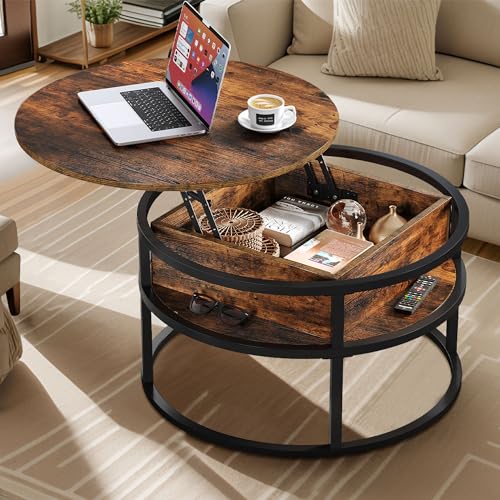 DWVO Coffee Tables for Living Room, Round Coffee Table, Lift Top Coffee Table with Storage and Hidden Compartment, Rustic Coffee Table, Small Circle Coffee Table,Wood Center Table, Rustic Bro - WoodArtSupply