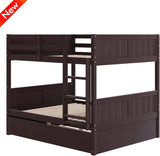 TSAMPA Latest Upgraded & Stronger Heavy Duty Solid Wood Full Over Full Bunk Bed with Trundle, Thickened Safer Convertible Bunkbed Frame (Easier to Assemble) (Espresso) TSAMPA