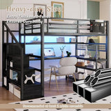 Mirightone Full Size Loft Bed with Desk & Stairs, Heavy-Duty Metal Loft Beds with Upper Shelves & Wardrobe, High Loft Bed Frame with LED and Charging Station for Boys, Girls and Teens (Black) Mirightone