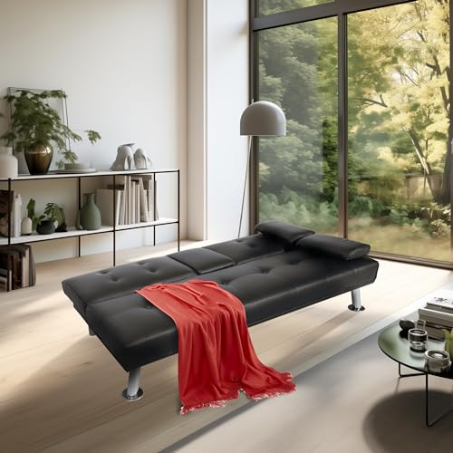 yoyomax Futon Couch, Modern Faux Leather Futon Sofa Bed with 2 Cup Holders and Pillows, Convertible Folding Futon Couch for Compact Living Space, Dorm, RV, Offices, Black yoyomax