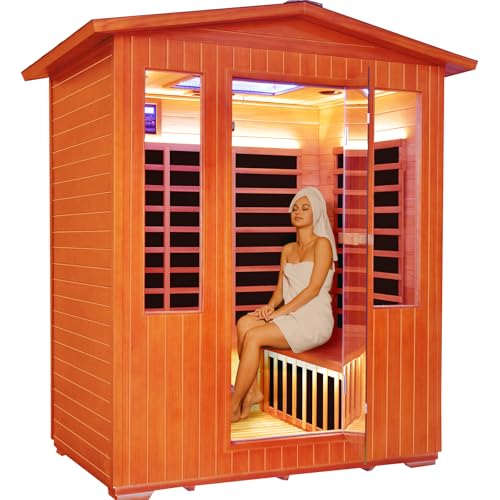 OUTEXER Outdoor 4 Person Sauna Far Infrared Saunas Dry Sauna Room Red Cedar and Canadian Hemlock Wood Wooden Sauna Spa 2600W 240V with 7 Color Light 62.2 * 46.8 * 81.9 inches OUTEXER