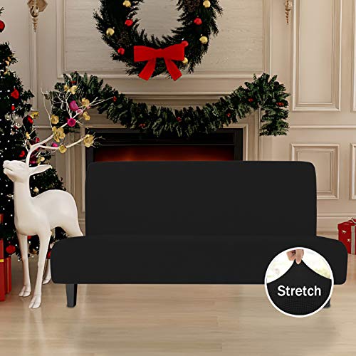 Easy-Going Stretch Futon Slipcover Armless Futon Bed Cover Furniture Protector Without Armrests with Elastic Bottom for Kids, Soft Jacquard Fabric Small Checks (Large, Black) Easy-Going