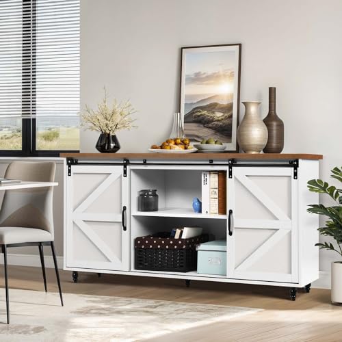 4ever2buy Farmhouse Coffee Bar Cabinet with Storage, 58'' Buffet Cabinet with Sliding Barn Door, White Coffee Bar Table with Wood Gourd Feet, Buffet Table for Living Dining Room