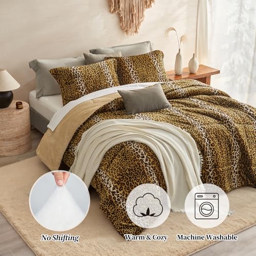 Petrichor Leopard Velvet Flannel King Comforter Set-Cheetah Print Western Blanket,Luxury Fuzzy Heavy Bedding Set,3 Pieces Plush Winter Bed Set with Comforter (90"x104")&2 Pillow Shams (20"x36" Petrichor