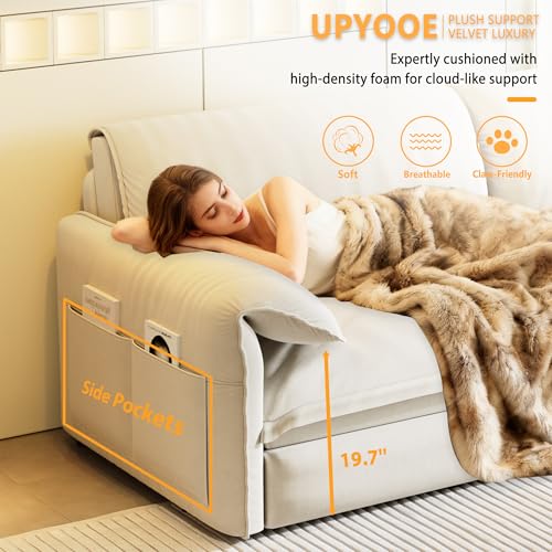 UPYOOE 63.8" Futon Sofa Bed Queen Size, Pull Out Bed, 3-in-1 Convertible Sleeper Sofa with Side Pocket, Modern Velvet Futon Couch for Living Room, Small Space, Apartment, Bedroom, Beige UPYOOE