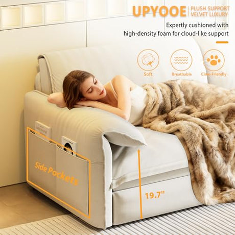 UPYOOE 63.8" Futon Sofa Bed Queen Size, Pull Out Bed, 3-in-1 Convertible Sleeper Sofa with Side Pocket, Modern Velvet Futon Couch for Living Room, Small Space, Apartment, Bedroom, Beige UPYOOE