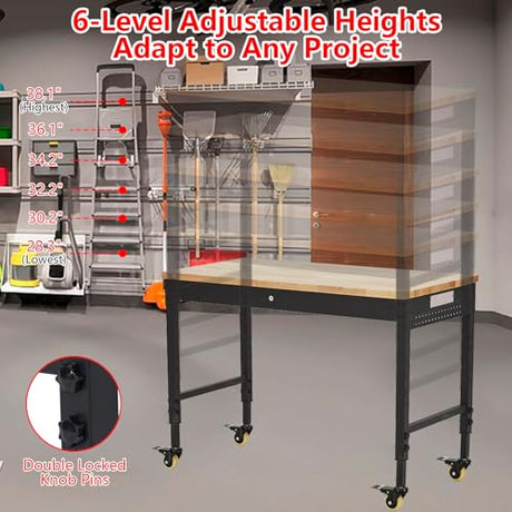 ACONEE 48" Adjustable Workbench, Heavy Duty Workstation 2000 LBS Load Capacity, Rubber Wood Top Workstation with 4 Rolling Casters, Power Outlets, Metal Frame, Wood Top Workbench for Workshop Garage ACONEE