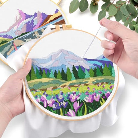 ERKOON Embroidery Kit for Beginners, 5 Sets Flower Cross Stitch Set for Adults Include Embroidery Cloth Hoops Threads for Craft Lover Hand Stitch with Skill Techniques (Landscape) ERKOON