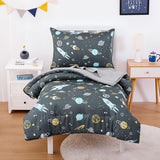 Wake In Cloud - Toddler Bedding Set for Boys, Space Rocket Planet Star, 4 Pieces Soft Crib Bed Set Including Comforter, Sheets and Pillowcase, Gray Wake In Cloud