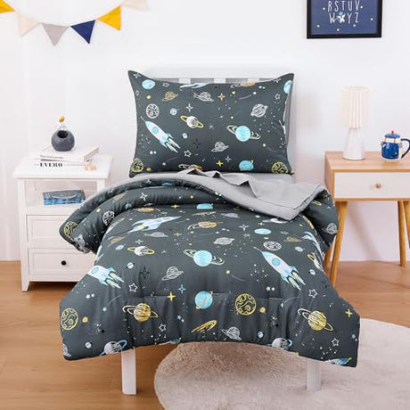 Wake In Cloud - Toddler Bedding Set for Boys, Space Rocket Planet Star, 4 Pieces Soft Crib Bed Set Including Comforter, Sheets and Pillowcase, Gray Wake In Cloud