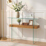 ivinta Glass Console Table with Storage, 39.4" Modern Narrow Entryway Table for Living Room, Entrance, Hallway or Bedroom 5101 (Natural Wood) ivinta