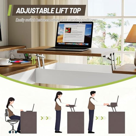 STHYTON Farmhouse 63" L Shaped Standing Desk, Corner Computer Desk with Drawers, Office Desk with File Drawers with RGB Lighting & Charging Station, Monitor Stand and Storage Shelves, White and Walnut STHYTON