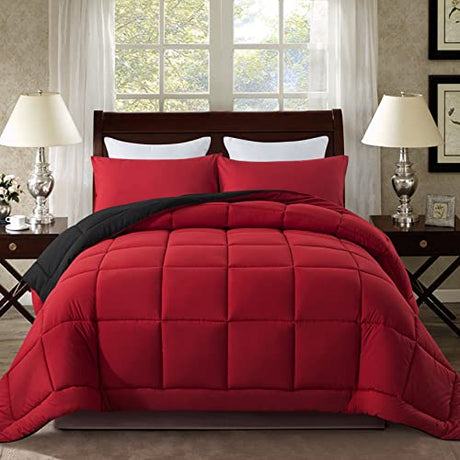 DOWNCOOL Twin Comforter Set -All Season Bedding Comforters Sets with 1 Pillow Case -2 Pieces Bed Set Down Alternative Comforter Set -Red/Black Twin Bedding Sets(64"x88") DOWNCOOL