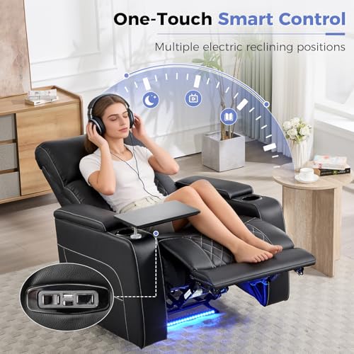 ANJ Power Recliner Chair with Adjustable Headrest, LED Lights & Detachable Tray Table, Faux Leather Electric Home Theater Seating with Cup Holders, USB,Hidden Arm Storage,GRS Certified,Black
