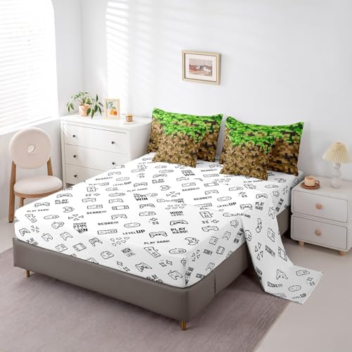 Miners Style Square Grid 7Pcs Comforter Set Twin Size,Brown Green Army Camo Bedding Set for Kids Boys Teens Men Room Decor,Cartoon Gamepad Reversible Bed in a Bag Pixelated Games Flat Fitted Sheet Castle Fairy