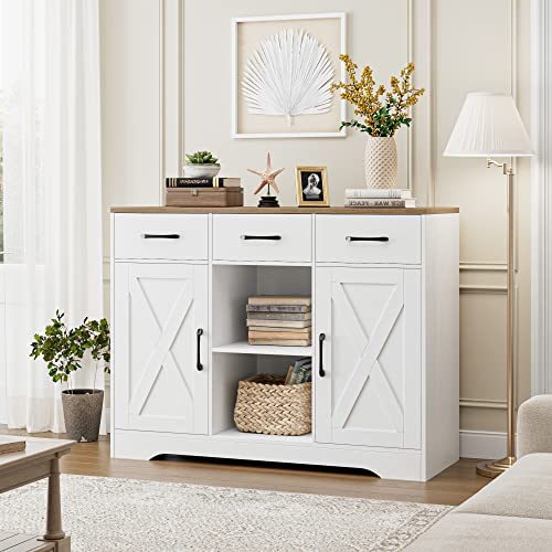 HOSTACK Modern Farmhouse Buffet Cabinet with Storage, Barn Doors Sideboard Buffet Storage Cabinet with Drawers and Shelves, Wood Coffee Bar Cabinet for Kitchen, Dining Room, Living Room, Whit - WoodArtSupply