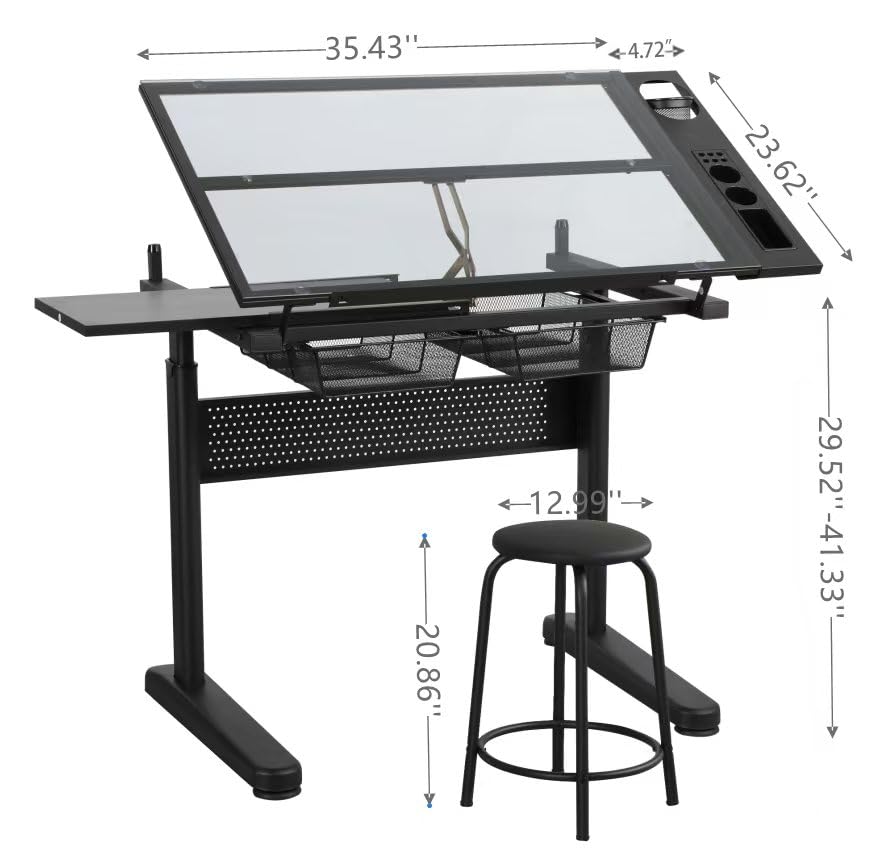 Msaleen Upgraded Glass Drafting Table Desk – Adjustable Height Adjustable Drawing Desk Craft Work for Artists and Designers (Black, 29.52''- 41.33'' H) Msaleen