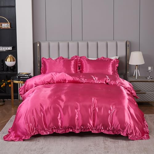 Silk Like Satin Bedding King Hot Pink Duvet Cover Set Soft Silky Ruffle Comforter Cover Sexy Hotel Silky Bedding Sets 1 Duvet Cover 2 Pillowcases (King, Hot Pink)… Bedding_Dreamer