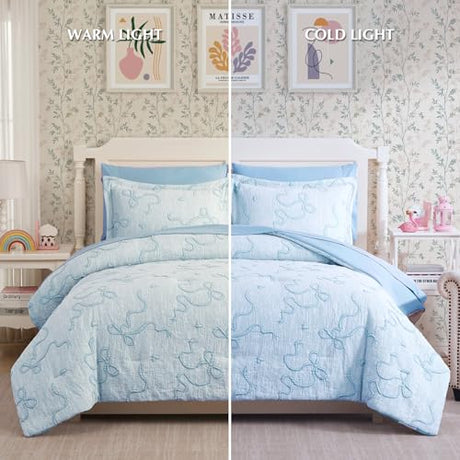Geniospin Light Blue Full Comforter Set for Girls- 7 Pieces Bowknot Jacquard Bed in A Bag Full Bedding Sets with Sheets, Pillowcases & Shams, All Season Kids Comforter Set Geniospin