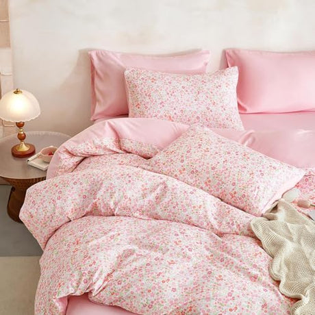 Wake In Cloud - Floral Comforter Set, Cute Vintage Flower Cottagecore Aesthetic for Women Teen Girls, Soft Lightweight Dorm Bedding, 3 Pieces, Pink, Full Size Wake In Cloud