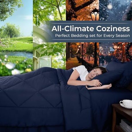 HEVUMYI Navy Blue Queen Comforter Set - 7-Piece All Season Bed in a Bag Queen, Ultra Soft Bedding Set with Comforter, Flat Sheet, Fitted Sheet, Pillowcases, Pillow Shams, Navy Blue HEVUMYI
