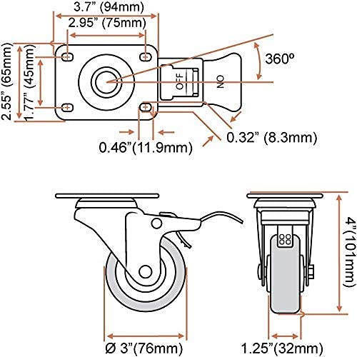 8 Pack 3 Inch Combo Caster Swivel Plate 4 w/Brake & 4 Plate Heavy Duty on Red PU Wheels with Heavy Duty Screws