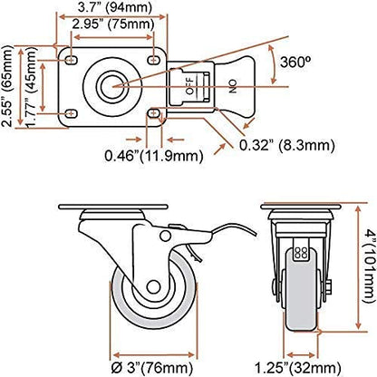 8 Pack 3 Inch Combo Caster Swivel Plate 4 w/Brake & 4 Plate Heavy Duty on Red PU Wheels with Heavy Duty Screws