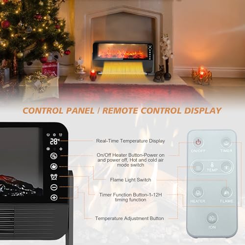 Electric Fireplace Heater for Indoor Use, Floor or Wall Electric Space Heater, 1500W 3D Flame Effect with Remote Control 12H Timer, Portable Air Conditioning Heater, Easy-Mount for Bedroom Office HUNKING