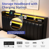 Jocoevol Queen Size Floating Bed Frame with Ergonomic Hidden Storage Headboard and LED Lights, Visual Floating LED Bed Frame with Charing Station, Leather Upholstered Platform Bed, Heavy Duty, Black Jocoevol