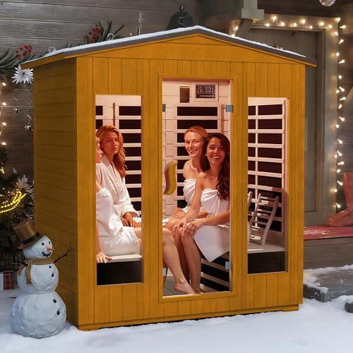 Springspa Outdoor Sauna 4 Person, Infrared Sauna for Home, Wooden Outdoor Saunas Room, 3400 Low EMF Far Infrared with Bluetooth, LCD Panel, 7 Color Chromotherapy Lamp, Reading Lamp springspa