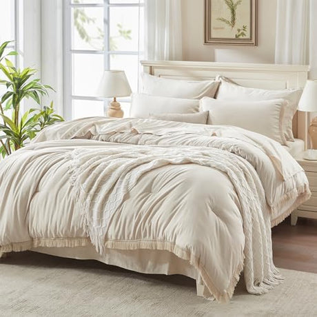 Andency King Size Comforter Set 7 Pieces, Beige Bed in a Bag King Fluffy Boho Tassel Bed Set, Cream Fringe Bedding Set with Quilt Comforter, Sheets, Pillowcases & Shams Andency