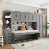 MERITLINE Twin Horizontal Murphy Bed with Desk and Storage Wardrobe,Cabinets,Shelves and Drawers, Wood Space-Saving Hidden Murphy Wall Bed for Teens Adults (Twin,Grey) MERITLINE