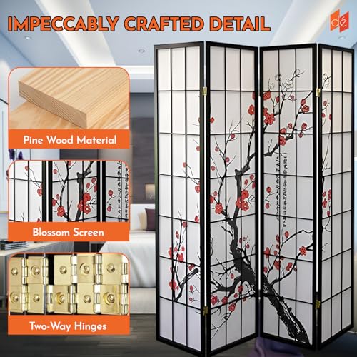 Legacy Decor 4-Panel Blossom Screen - Portable, Foldable Shoji Style Room Divider - Plum Blossom, Freestanding Room Privacy Dressing Screen - Temporary Wall Partition for Home, Office & Studio - Black Legacy Decor