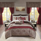 Madison Park Essentials Delaney 24-Piece Room In A Bag Comforter Set-Satin Jacquard, All Season Luxury Bedding, Sheets, decorative pillows and Curtains, Valance, King(104"x92"), Medallion Red Madison Park
