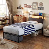 Woanke Twin Bed Frame with Headboard, Small Bed Frame with Drawers & Storage, Twin Bed Frames for Kids/Teenagers, Bed Frame Twin with LED Lights/Charging Station, Noise-Free/Assembly Easily, Black Oak Woanke