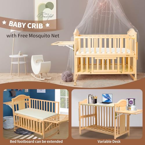 Flwrgirl Mini Baby Cribs 4-in-1 Convertible - Cunas para Bebes with Changing Shelf and Mattress Included,2024 Wood Baby Bassinets Bedside Crib Sleeper,Unpainted - WoodArtSupply