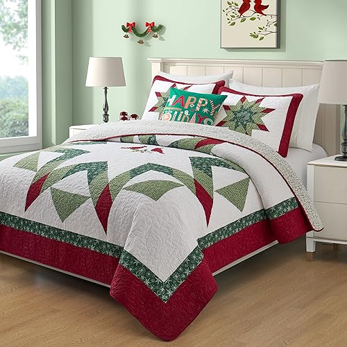 NELIFDER King Size Christmas Bedding Quilt Set 100% Cotton Red Bird White Snowflake Pattern Bedspread Real Patchwork Star Hand Made 3 Peice Wedding Ring Set NELIFDER