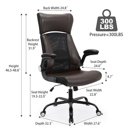 Clearance Executive Office Chair, Ergonomic Leather Desk Chair - Widened Adjustable Headrest with Flip-Up Arms, High Back Computer Swivel Task Chair with Lumbar Support, Brown ZLHECTO