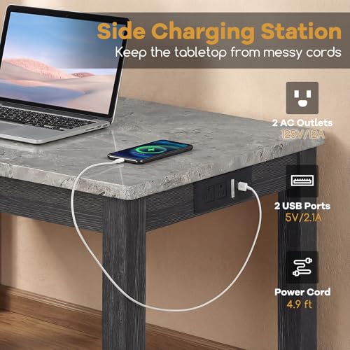 COSTWAY 3-Piece Bar Table Set with Charging Station, Modern Counter Height Breakfast Table w/Faux Marble Top & 2 Padded Stools, Wooden Console Table Set for Living Room, Kitchen, Dining Room (Gray) COSTWAY