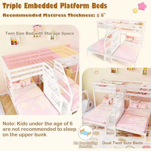 KOTEK Triple Bunk Bed with Stairs, Twin Over Twin & Twin Bunk Bed Frame with Guardrail & Storage, Wooden Bunkbeds for 3 Kids Teens, No Box Spring Needed (White) KOTEK