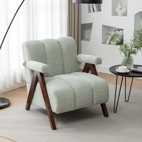 DRKAT Mid Century Modern Accent Chair with Solid Wood Frame, Boucle Upholstered Living Room Chairs with Thick Cushion, Comfy Tufted Arm Chair for Bedroom, Sage DRKAT