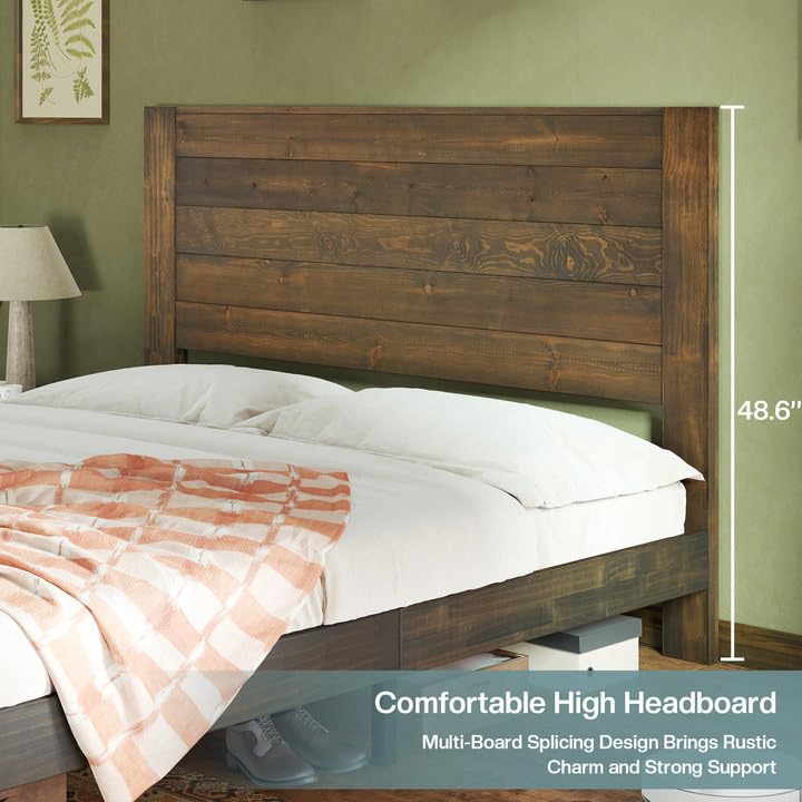 Jocisland Farmhouse Solid Wood Full Size Bed Frame with 48'' High Headboard, Rustic Platform Bed with Under-Bed Storage, No Box Spring Needed, Heavy Duty Support for Small Bedroom, Dark Brown Jocisland