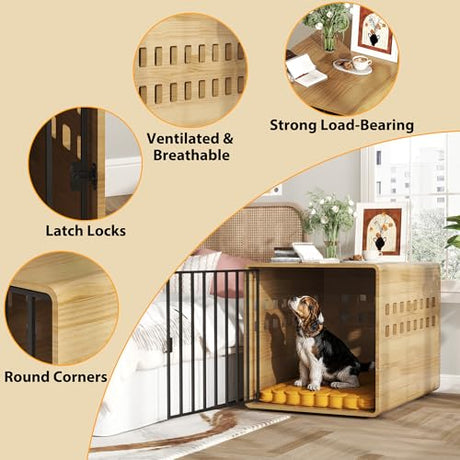 Timechee Wooden Furniture Dog Crate for Medium & Small, Solid Wood Puppy Crates for Small Indoor, Decorative Dog Kennel Indoor with Door, Pet House End Table for Bedroom, Living Room, Natural Timechee
