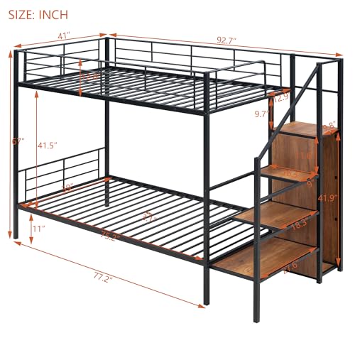 Harper & Bright Designs Metal Bunk Bed with Stairs and Wardrobe, Twin Over Twin Bunk Bed Frame with Storage Ladder, for Kids Teens Adults, Black Harper & Bright Designs