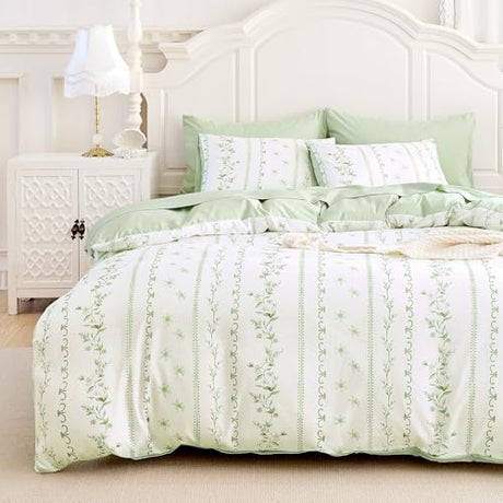 Wake In Cloud - Shabby Chic Comforter Set, Cottagecore Floral Romantic Charming Style with Botanical Stripe Pattern, Soft Lightweight Bedding, 3 Pieces, Green White, Twin/Twin XL Size Wake In Cloud