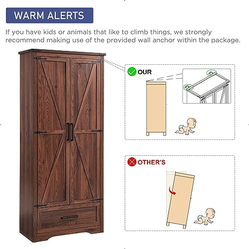 JXQTLINGMU 72" Tall Farmhouse Kitchen Pantry with Adjustable Shelves, Large Wood Storage Cabinet with Drawer & 2 Barn Doors, Versatile Storage for