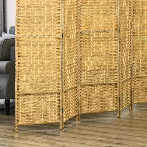 HOMCOM 6 Panel Room Divider, 6' Tall Folding Privacy Screen, Hand-Woven Freestanding Wall Partition for Home Office, Bedroom, Nature Wood HOMCOM