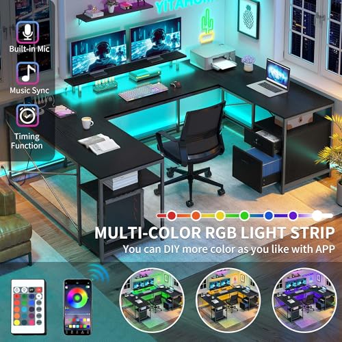 YITAHOME U Shaped Desk with Power Outlets & LED Lights, 79" Reversible L Shaped Desk with Drawers, Corner Computer Desk Office Desk with Monitor Stand & Storage Shelves, Black YITAHOME