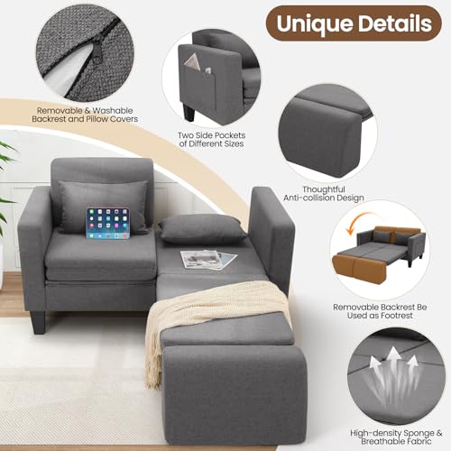SEJOV 6-in-1 Convertible Sofa Bed, 58" Loveseat Sleeper Sofas with Pull Out Couch Bed, Removable Backrest, Storage Pockets and 2 Pillows, Modern Folding Linen Futon Couch for Small Spaces, Gray SEJOV